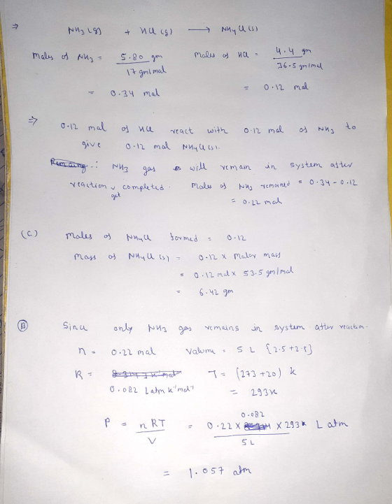 NU 3 1 & nuig) - NMy Us males of Nu 5.80 gm. Мен он ц, чт 36.5 gminal 17 gmimal = 0.12 mal - 0.34 mal 0.12 mal give Remaing..
