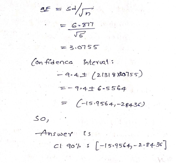 . = 6-877 = 3.0755 Confidence intervats -9.4 I (21318x30755) 3-9041 6-5564 = (-15,9564,-28436) So, .. Answer is Cl 90% · [-15