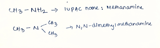 CH3-NH2 > lUPAC name: Methanamine CH3-Ni. > N,N-dimethyl methanamine