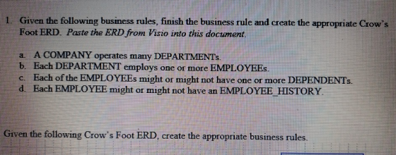 1. Given the following business rules, finish the business rule and create the appropriate Crows Foot ERD. Paste the ERD fro