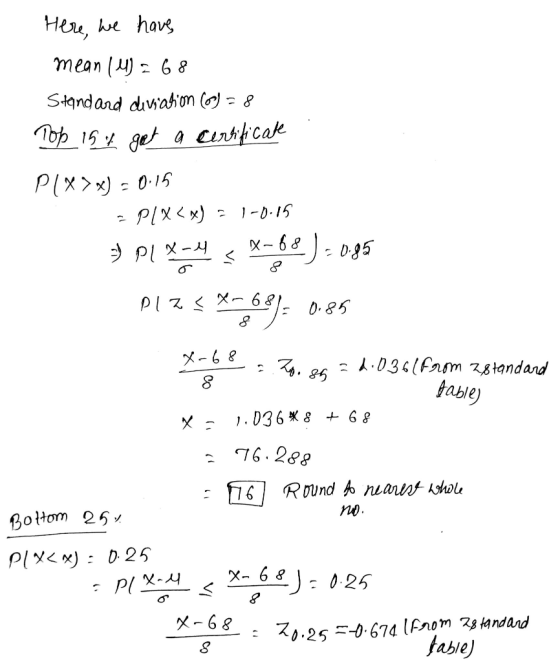 Here, we have mean (4) = 68 Standard deviation (6 = 8 пър 15 яе а сільсak PLX > x) = 0.15 - P1X<X) = 1-0.15 PLX-4 < x268 ) -