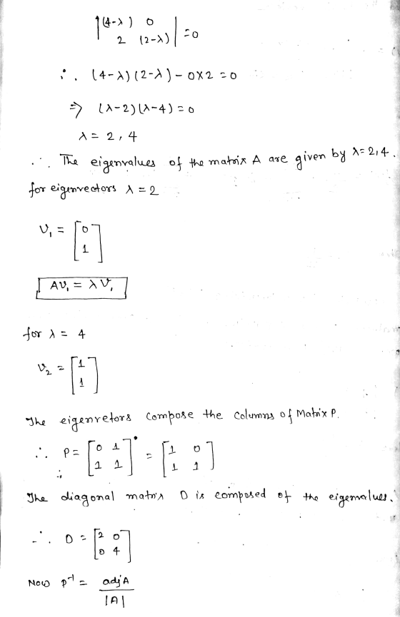 14-0) o co 2 12-) : . 14-^)(2-) - 0X250 -> (1-2)(1-4)=0 2,4 2=214. by given The eigenvalues of the matrix A are for eigenvect