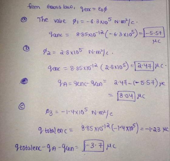 Mc from Gauss lavo, genc = 20$ The vale 81=-6.3x105 N.m/c. Genc - 8.85x10-12 (~ 6.3x105) = (-5.5+) Ⓡ $a = 2-8x205 Nmale. gern