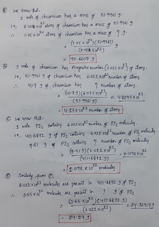 0 We know that, 1 mole of chromium has a mass of 51.99619. se, 6.028x18 atoms of chromium har a mass of 51.99619. · loosx1024