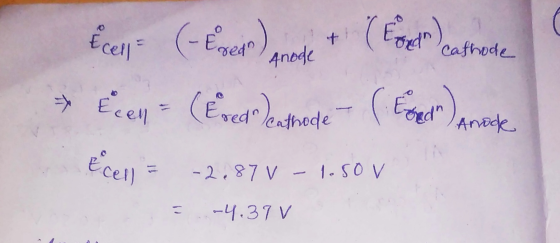 Ecen= (-Exeir Anagle+ (East Cashode Ecen - (Ered enthode (Exedro) Anock e Cen) = -2,871 – 1.50V. 1.SOV 3 -4.39 V