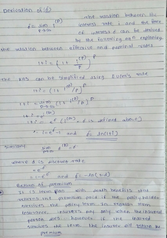 pesvation of (d inteses) sate i and the frsce -indexes, d derived- b the fotlowing ea explanirg The RHS can he mplise sing Eutents acle efine wherce d is discoun at e a. 2etun of pmemium with leath bene Pits Lou suaunieg-the-paliey-term-in-regulan -team if ihe insused erm plao aiuino th premium paid f he patty halde insunance insurers e丹 penson dies uv +he 1ethe insuae ilun he emium.