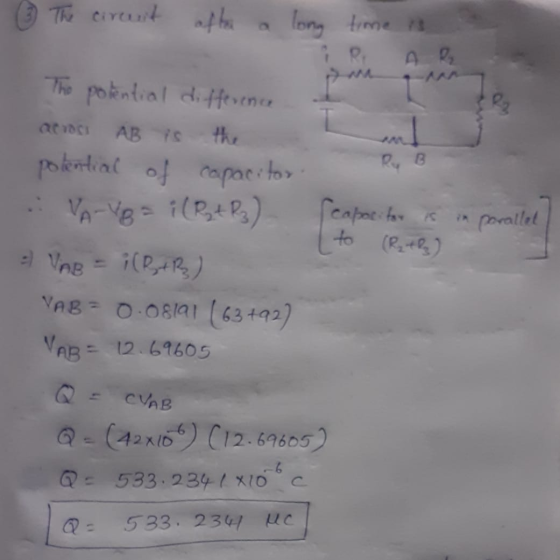 ③ The circuit after long time is The potential differenca 101 AB IS Ry Scapacitar a in parallel to (R₂+2) potential of capaci