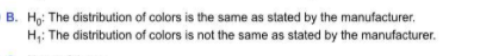 B. Ho: The distribution of colors is the same as stated by the manufacturer H: The distribution of colors is not the same as