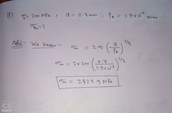 (f ) T= 200 MPa 200 MPa , a=0.7mm a=0.7 mm ht=1.94102 mm soly. - We know - 1/2 an cm = 2a SA VO am=2x200 0.7 1.9x102 m = 24