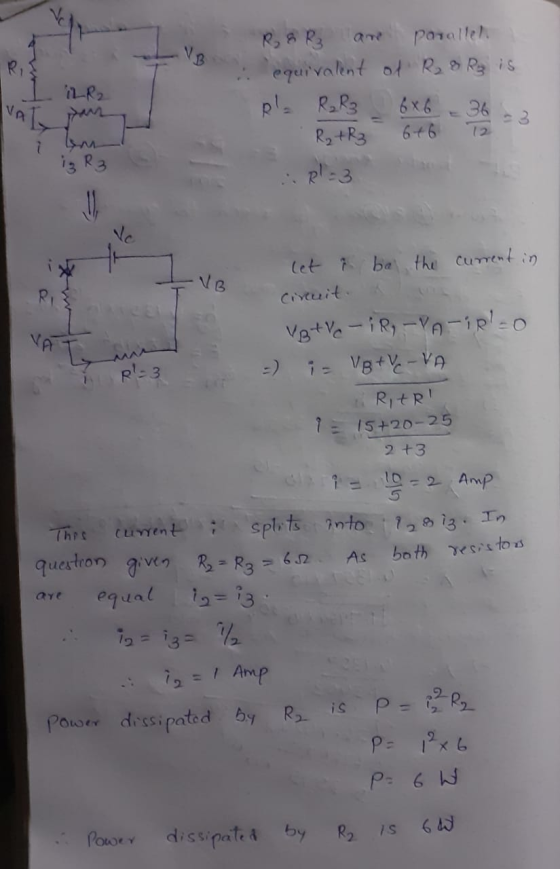 12R2 R & Rz parallel equivalent of R2 & Rz is R = R₂ R3 36 R₂ + R3 6+6 6x6 12 hu iz R3 1 VB let i be the current in circuit.