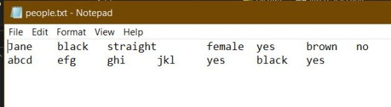 people.txt - Notepad File Edit Format View Help Jane black straight abcdefg ghijkl no female yes yes black brown yes