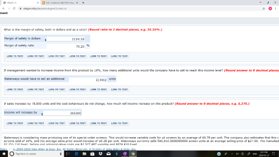 x + - 1 x WIE PLUS → C ment x C Celle Hely Will Chey duger.wileyplus.ccrryedugarului/main.uni What is the margin of safety,