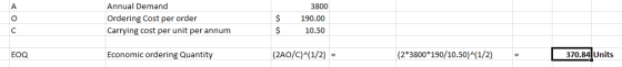 Annual Demand Ordering Cost per order Carrying cost per unit per annum $ $ 3800 190.00 10.50 EOQ Economic ordering Quantity (