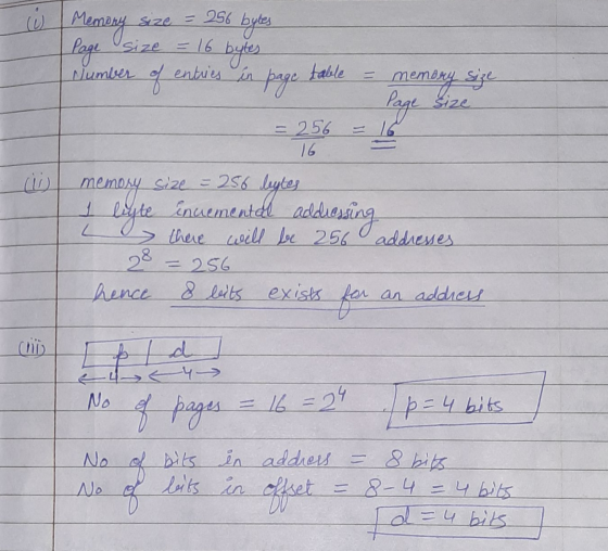 is memory Size = 256 Page Size = 16 bytes bytes of entries in page Number table = memory size Page Size = 256 16 memory size