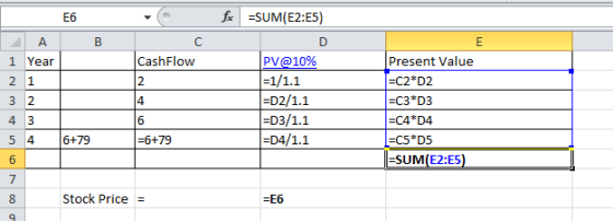 fx =SUM(E2:E5) А CashFlow E6 в 1 Year 21 32 43 5 4 6+79 PV@10% =1/1.1 =D2/1.1 =D3/1.1 =D4/1.1 Present Value =C2*D2 =C3*D3 =C4