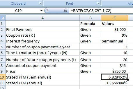Clipboard Font Alic fiRATE(C7,C8, C9*-1, C2) C10 A B Formula Values 1 $1,000 2 Final Payment Given 3 Coupon rate (R) 9% Given