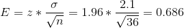 E=z*\frac{\sigma}{\sqrt{n}}=1.96*\frac{2.1}{\sqrt{36}}=0.686