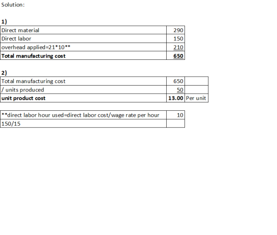 Solution 1) Direct material Direct labor overhead applied-21*10** Total manufacturing cost 290 150 210 650 2) Total manufactu