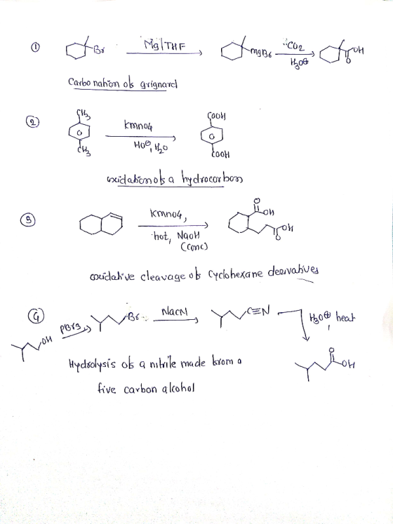 o chor Miltur Am con cliron Carbo nahan ols Grignard COOH Guidation of a hydrocarbon kmn04, hot, Nạo Camc) oseidahve cleavag