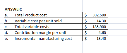 a. ANSWER: Total Product cost b. Variable cost per unit sold c. Total variable costs d. Contribution margin per unit e. incre