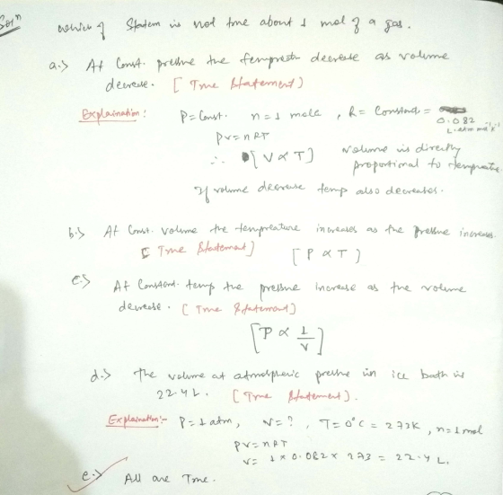 which A Statem is not tore about & mol of a gas. Joyn and At Const. decrease. Explaination 0.082 pressure the ferpreto decrea