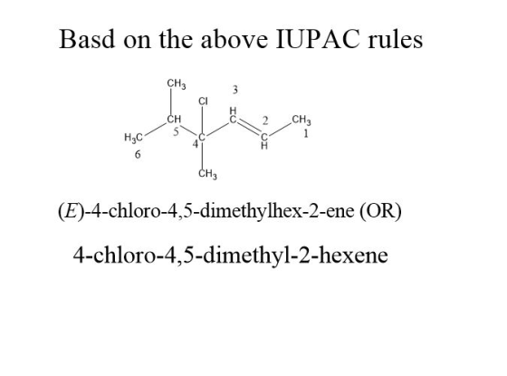 Basd on the above IUPAC rules CH CI CH Нас CH (E)-4-chloro-4,5-dimethylhex-2-ene (OR) 4-chloro-4,5-dimethyl-2-hexene