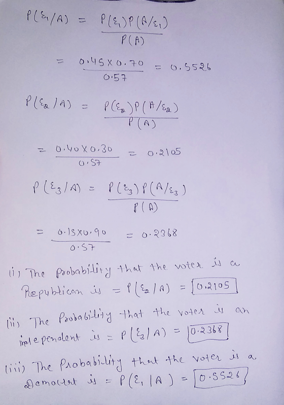 P(&/A) = P(&) P (f/2) P(A) 0.45X 0.70 = 0.5526 0.57 Plea (A) = P(es) P (A/E2) 0.40X0.30 0.2105 0.57 P(E3/A) = P(2₂) P (A/E2)