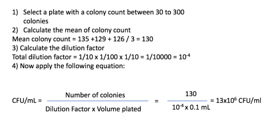 1) Select a plate with a colony count between 30 to 300 colonies 2) Calculate the mean of colony count Mean colony count = 13