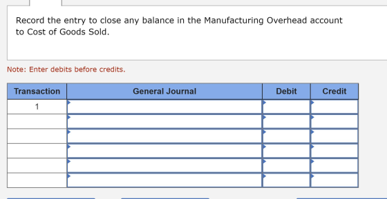 Record the entry to close any balance in the Manufacturing Overhead account to Cost of Goods Sold. Note: Enter debits before
