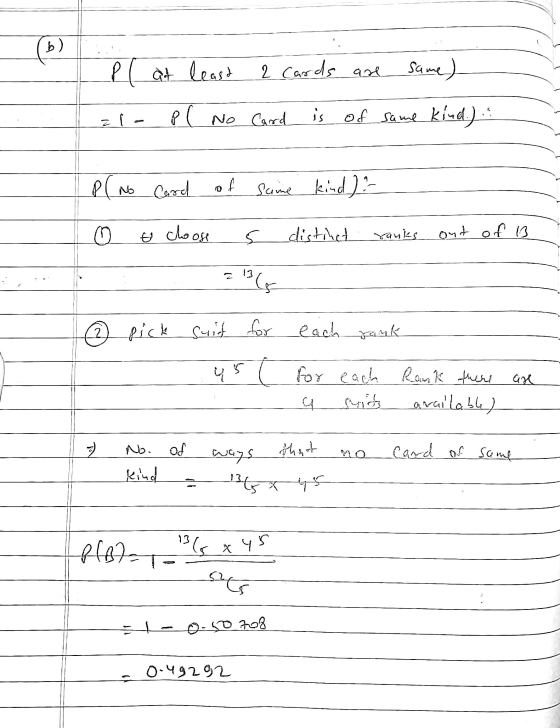 (9) P at least 2 cards are same) z 1- pl No Card is of same kind) PC No Card of saime kind) - 0 to cloose S distinct El to th