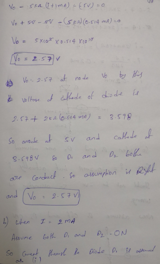 SEa itimA)ESv)-0 No Vo +sv-s-Sen (0-514 mA) zo Vo =5xc0 x0.504 K10 = 2.57 V yO Vo Vo-2-87 at no de Voltose f ahade of dio de