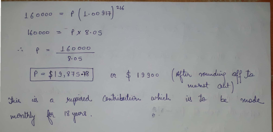 160000 P ( 1.00917) 21 160000 px 8.05 160000 a 8.05 or P = $19,875.78 $ 19.900 (After sounding off to required Contribution w