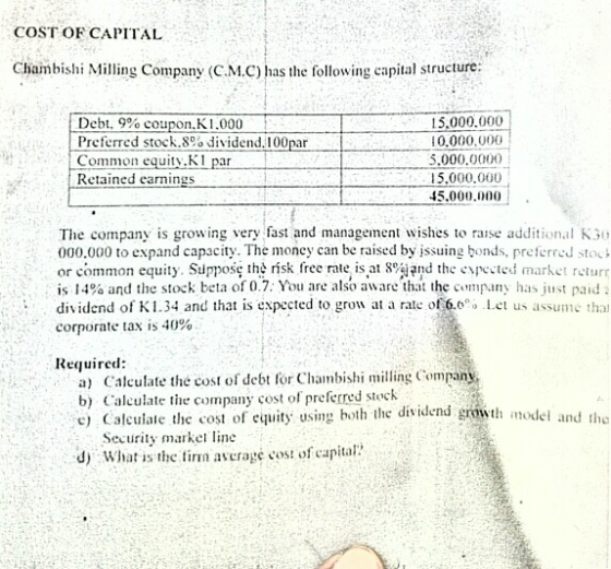 COST OF CAPITAL Chambishi Milling Company (C.M.C) has the following capital Debt, 9% coupon, K1,000 Preferred stock.8% divide