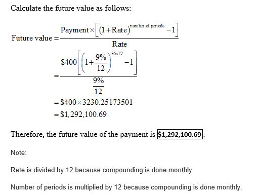 Calculate the future value as follows Future value a Payment ×| (1 +Rate)num era periods-1 Rate (l+Rate) 990)3612 12 $400| |