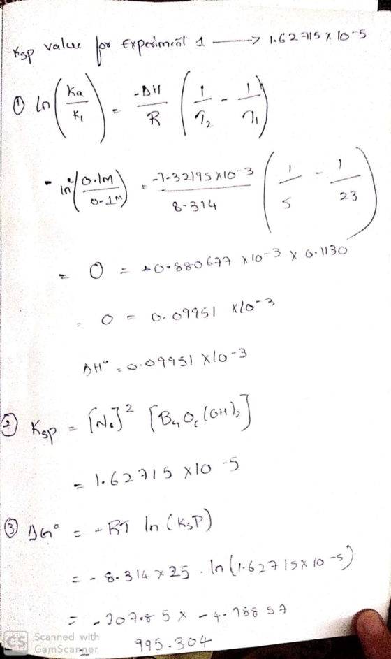 top value for Experiment Experiment 1 7 1.62 15 x 10 5 SH -7-32195X10 - 1 ) 8-314 0 - 10:880677 X10 3 X 6:1130 = 0 - 0-09951