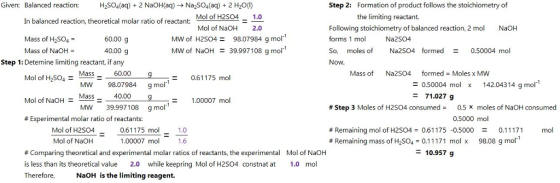 Given: Balanced reaction: In balanced reaction, theoretical molar ratio of reactant: Mass of H2S04 H2SO4(aq) + 2 NaOH(aq) → N