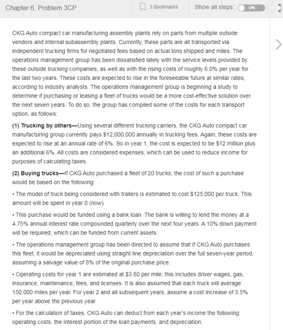 Chapter 6, Problem 3CP 3 Bookmarks Show all steps: ON СKG Auto compact car manufacturing assembly plants rely on parts from m