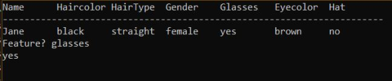 Name Haircolor HairType Gender Glasses Eyecolor Hat straight female yes brown no Jane black Feature? glasses yes