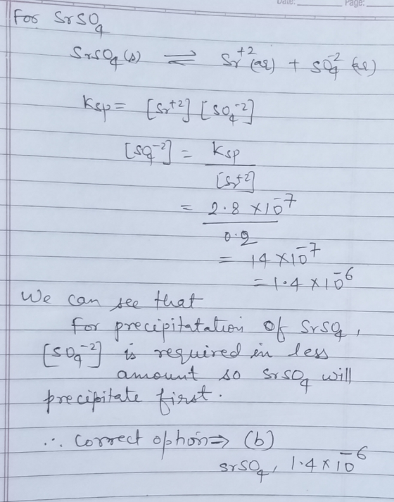 Udle Fos SSO 4 +2 +4 X107 t4 XI06 We can tee that for precipitatationof Ssq SDto euired sin les will ecipitate tinet CoTrect