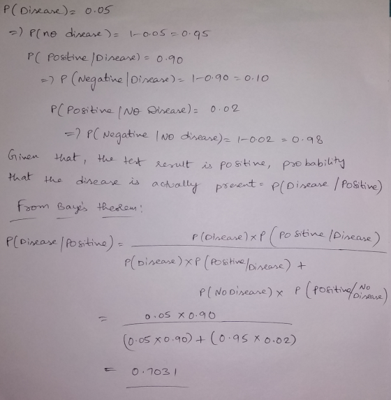 P (Disease) 0.05 =) P ( no disease ) = 1-0.05=0.95 PC positive Disease) = 0.90 =) P (Negative Disease) = 1-0.90=0.10 P(Positi