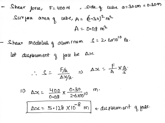 Shear q force, F: YOON Sideq wbe a=300m = 0.30m Surjare area lube, A=6.30²m² A - 0.09 m2 Shear modulus S = 2.6X 100 Pa alumi