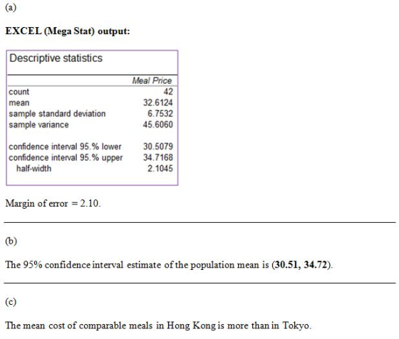EXCEL (Mega Stat) output: Descriptive statistics Meal Price count mean sample standard deviation sample variance 32.6124 6.75
