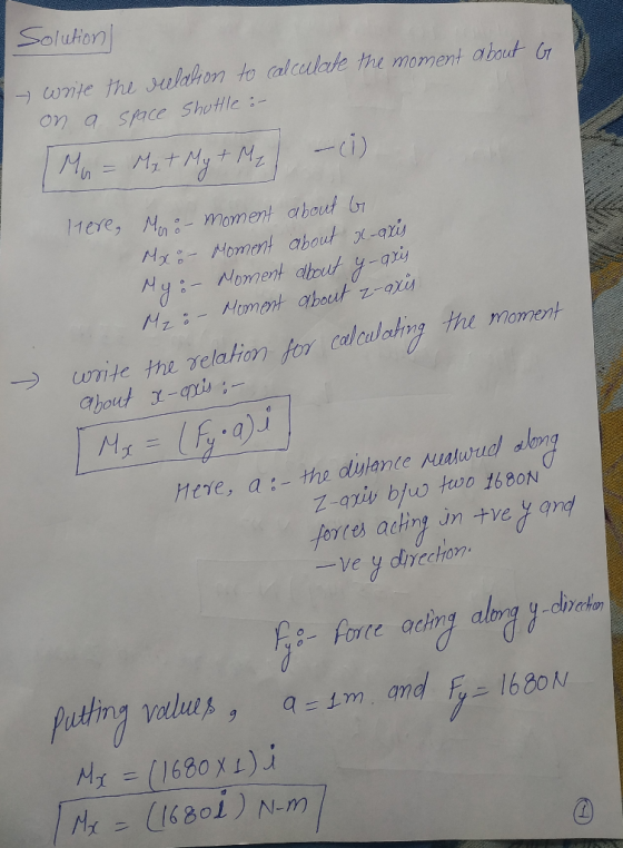 Solution | - write the relation to calculate the moment about G on a space Shuttle - [Mu = Met My & Me ) - (1) here, Moo- mom