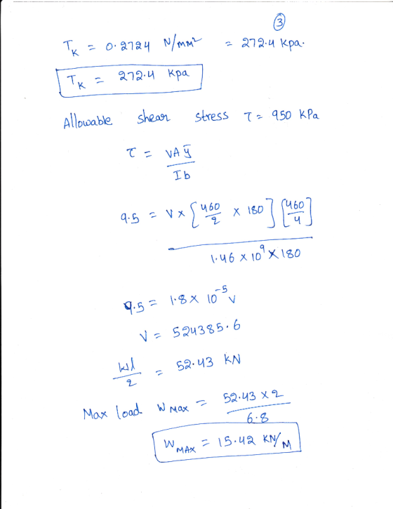 3 lbe shean stress 50 kPa て: VA I b 1.46 x 10x180 5 524385-6 52.43 KN Mox load NK 52-43 x2 6-8