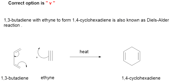 Correct option is v 1,3-butadiene with ethyne to form 1,4-cyclohexadiene is also known as Diels-Alder reaction heat ethyne