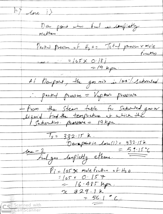 6.7 lose it when fuel Dew methane sempletly Partial pressure of H₂O= Total presne x mole freets =/05x 0.181 219 kpa. At Dewpo