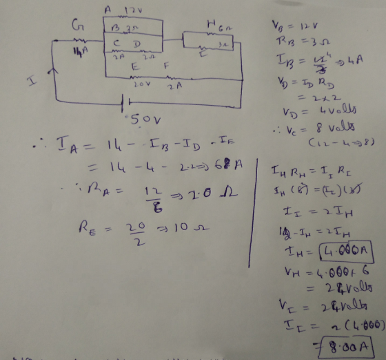ערן A GA E Lov A VB = 12V RB-34 IB= 18 4A V = I RD - 2x2 VD= 4 volto Ve = 8 valls (12-48) sov .. IA= 14- IB-ID - IF = 14 - 4