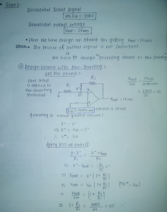 • Giveni R2 20 mm 20 Sinusoidal Input signal yms, Vin = 20mV) Sinusoidal output Voltage Vout = 1 Vims Here we have design an
