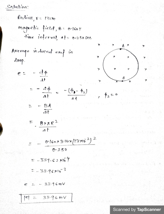 Saluelion: Radies, r: 1306 magnetic field, 8 : 01/607 time interval, A+= 0.250 sec A induced Average eloop emp in B At At - (