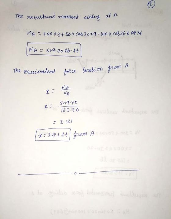 The resultant moment acting at A. MA = 200x3 + 50x cas 30x9 100x cos 36.869 86 IMA = 509.70 lb-ft The Equivalent force locati